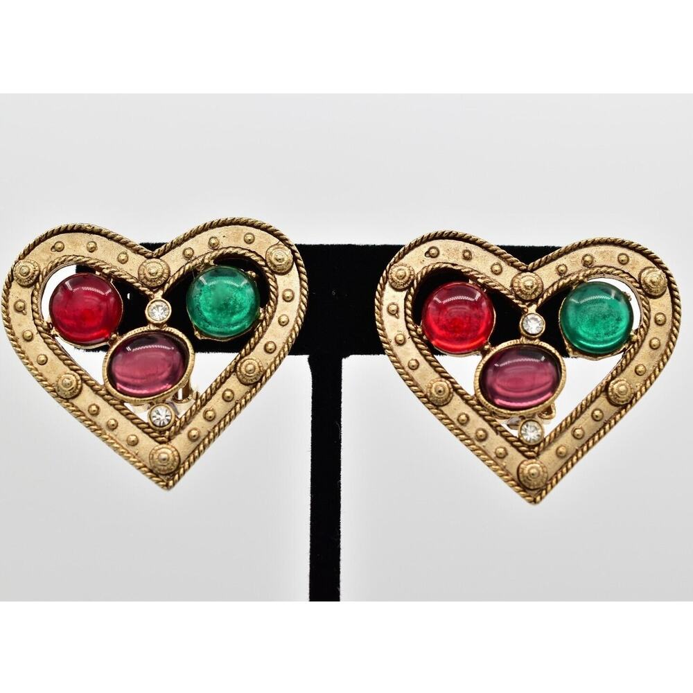 Vintage Cabochon Heart Clip On Earrings Antiqued Gold Multi-Color Chunky BinBB